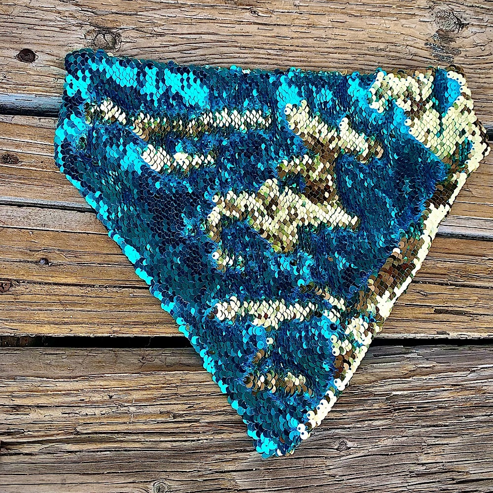 Blue and Champagne Gold Flip Sequin Bandana
